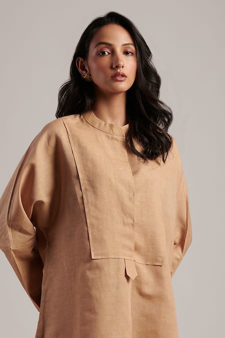 Shop_Moh India_Beige Linen Mandarin Collar Nirvana Honey Tunic And Trouser Co-ord Set 