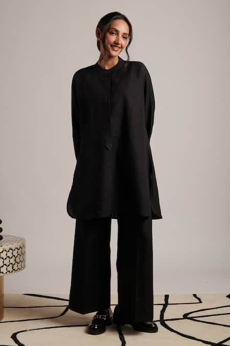 Moh India_Black Linen Mandarin Collar Nirvana Night Sky Tunic And Trouser Co-ord Set _Online_at_Aza_Fashions