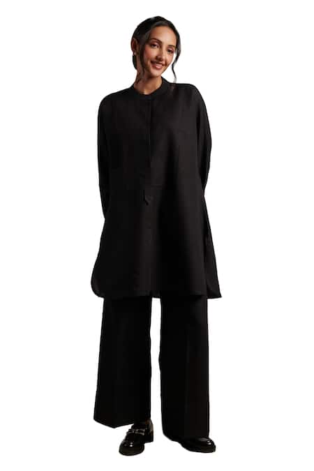 Shop_Moh India_Black Linen Mandarin Collar Nirvana Night Sky Tunic And Trouser Co-ord Set _Online_at_Aza_Fashions