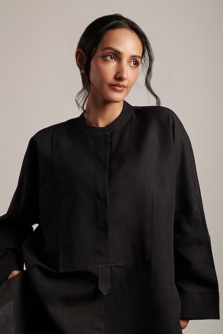 Moh India_Black Linen Mandarin Collar Nirvana Night Sky Tunic And Trouser Co-ord Set _at_Aza_Fashions