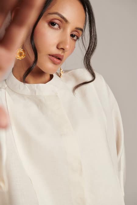 Moh India_Off White Linen Mandarin Collar Pearl Tunic And Trouser Set _Online_at_Aza_Fashions