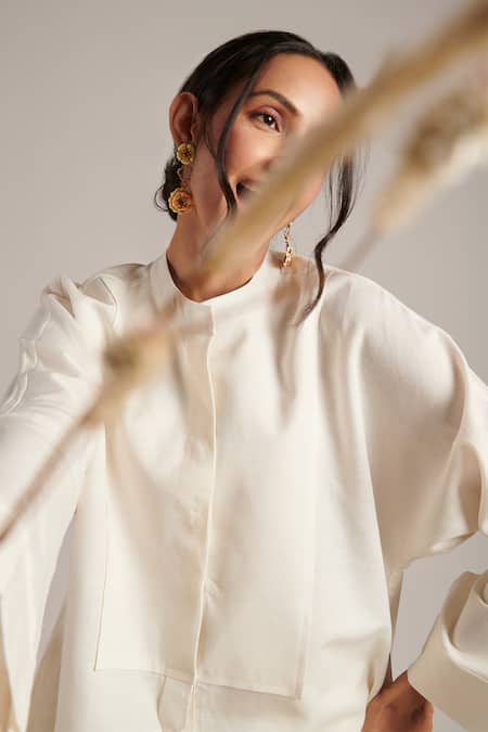 Buy_Moh India_Off White Linen Mandarin Collar Pearl Tunic And Trouser Set _Online_at_Aza_Fashions