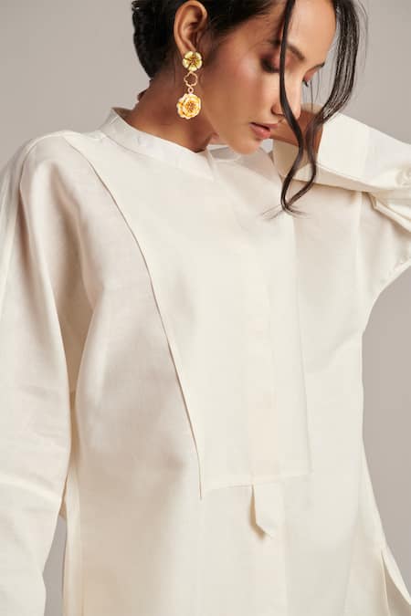 Shop_Moh India_Off White Linen Mandarin Collar Pearl Tunic And Trouser Set _Online_at_Aza_Fashions