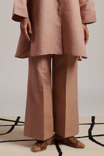 Moh India_Pink Linen Mandarin Collar Nirvana Vintage Rose Tunic And Trouser Co-ord Set _Online_at_Aza_Fashions