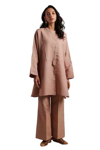 Buy_Moh India_Pink Linen Mandarin Collar Nirvana Vintage Rose Tunic And Trouser Co-ord Set _Online_at_Aza_Fashions