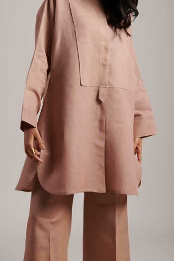 Shop_Moh India_Pink Linen Mandarin Collar Nirvana Vintage Rose Tunic And Trouser Co-ord Set _Online_at_Aza_Fashions