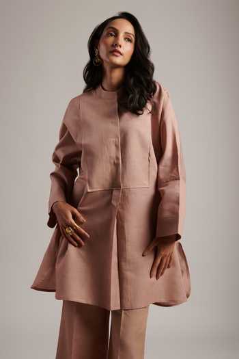 Moh India_Pink Linen Mandarin Collar Nirvana Vintage Rose Tunic And Trouser Co-ord Set _at_Aza_Fashions