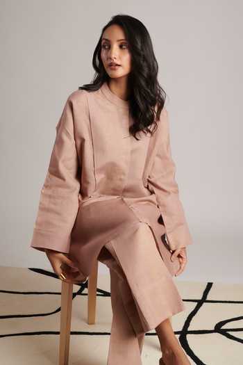 Buy_Moh India_Pink Linen Mandarin Collar Nirvana Vintage Rose Tunic And Trouser Co-ord Set 