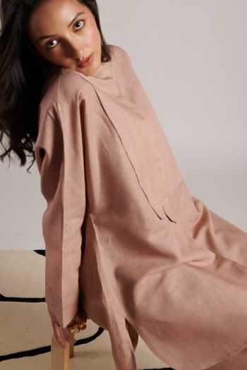 Shop_Moh India_Pink Linen Mandarin Collar Nirvana Vintage Rose Tunic And Trouser Co-ord Set 