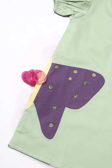 Studio Y_Green Cotton Applique Butterfly Flitter Dress _at_Aza_Fashions
