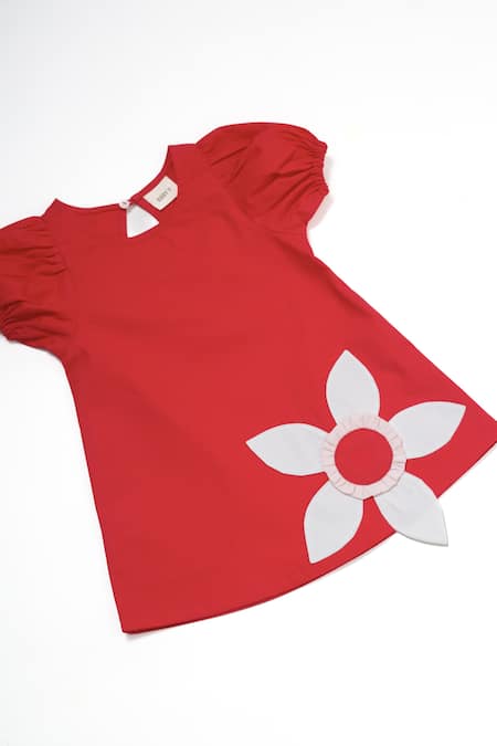 Buy_Studio Y_Red Cotton Applique Secret Fairy Dress_Online_at_Aza_Fashions
