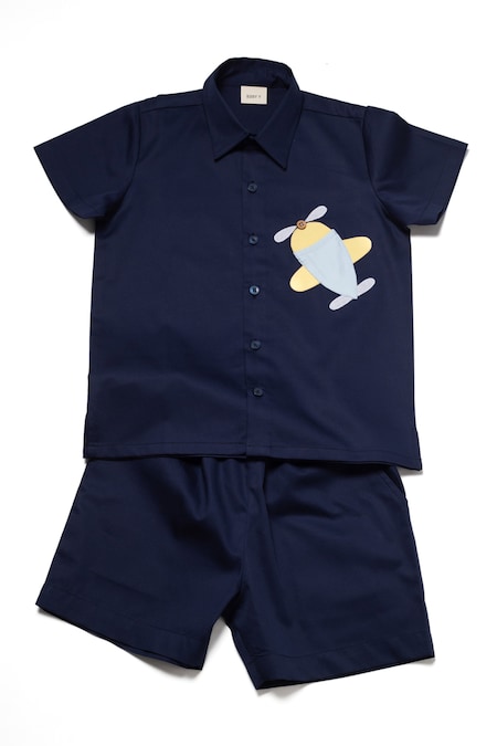 Studio Y Blue Cotton Applique Aeroplane Sky Ranger Shirt And Shorts Co-ord Set 