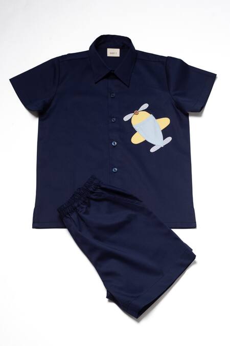 Shop Studio Y Blue Cotton Applique Aeroplane Shirt And Shorts Set at Aza Fashions Shop_Studio Y_Blue Cotton Applique Aeroplane Shirt And Shorts Set_at_Aza_Fashions