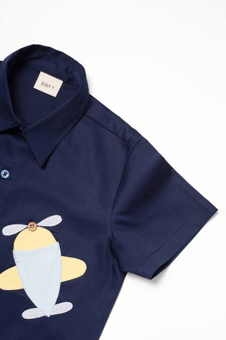 Studio Y Blue Cotton Applique Aeroplane Shirt And Shorts Set Online at Aza Fashions Studio Y_Blue Cotton Applique Aeroplane Shirt And Shorts Set_Online_at_Aza_Fashions