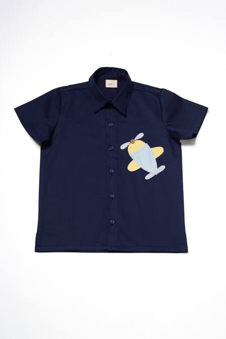 Shop Studio Y Blue Cotton Applique Aeroplane Shirt And Shorts Set Online at Aza Fashions Shop_Studio Y_Blue Cotton Applique Aeroplane Shirt And Shorts Set_Online_at_Aza_Fashions