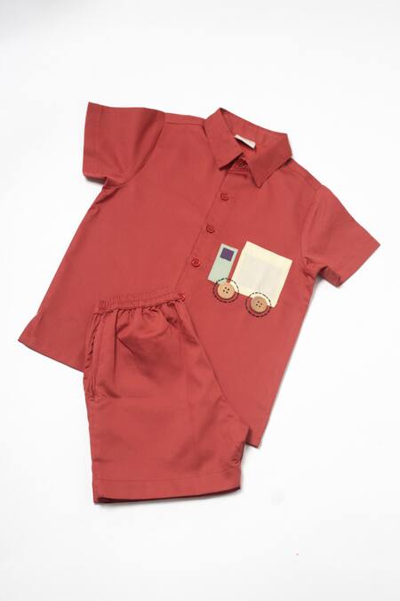 Buy_Studio Y_Brown Cotton Applique Truck Shirt And Shorts Set_Online_at_Aza_Fashions
