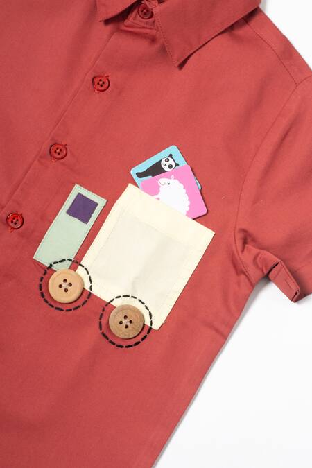 Shop_Studio Y_Brown Cotton Applique Truck Shirt And Shorts Set_Online_at_Aza_Fashions