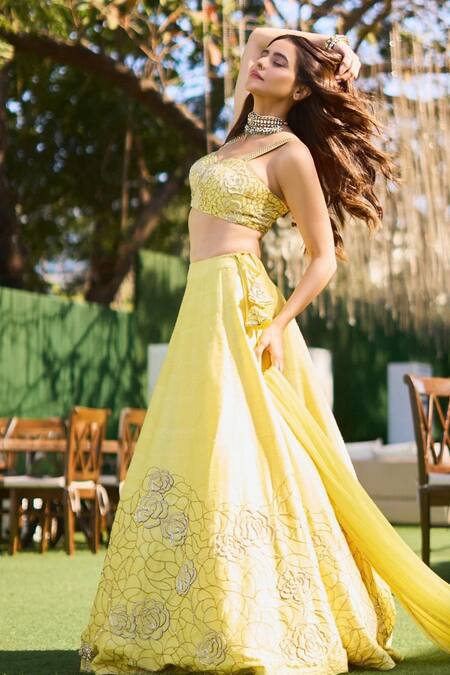 Shop_Nayantaara_Yellow Raw Silk, Net Sweetheart Neck Hand Embroidered Lehenga Set