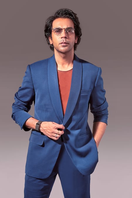 Shop Nirmooha Blue Microfiber Lapel Collar Blazer Set Online at Aza Fashions Shop_Nirmooha_Blue Microfiber Lapel Collar Blazer Set _Online_at_Aza_Fashions