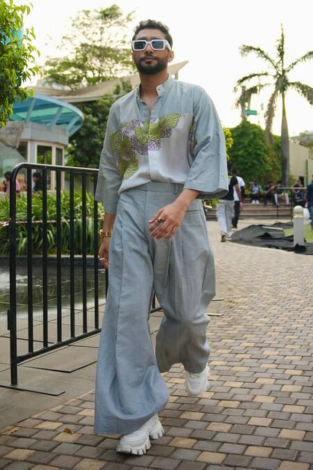 Nirmooha_Grey Modal, Linen Floral Print Shirt _at_Aza_Fashions