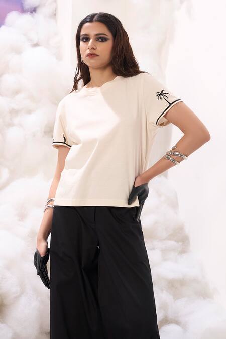 Sahil Kochhar Ivory Single Jersey Embroidered Applique Round Top Online at Aza Fashions Sahil Kochhar_Ivory Single Jersey Embroidered Applique Round Top _Online_at_Aza_Fashions