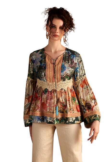 Verb By Pallavi Singhee_Multi Color Viscose, Lurex, Georgette Lace, Embroidery Floral Print Peplum Top _Online_at_Aza_Fashions