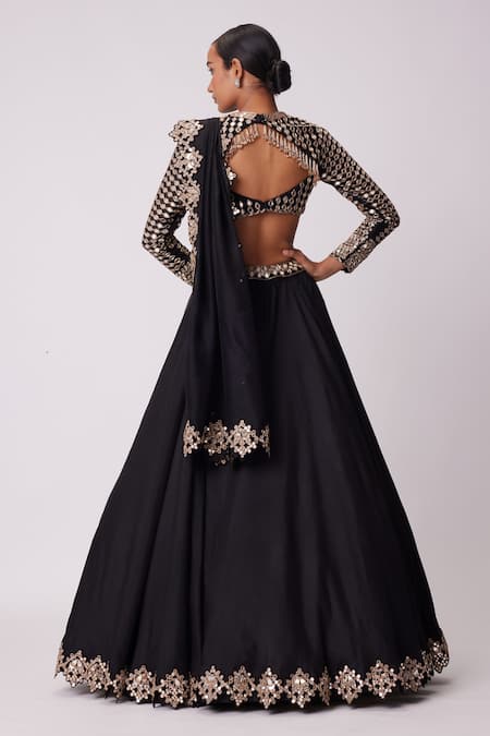 Shop_Vvani By Vani Vats_Black Georgette, Organza Mirrors Round Neck Embroidered Lehenga Set _at_Aza_Fashions