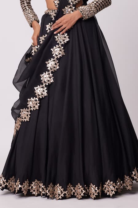 Vvani By Vani Vats_Black Georgette, Organza Mirrors Round Neck Embroidered Lehenga Set _Online_at_Aza_Fashions