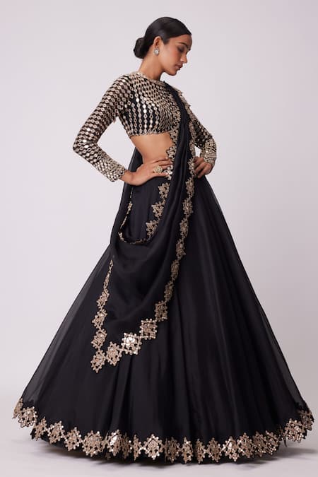 Buy_Vvani By Vani Vats_Black Georgette, Organza Mirrors Round Neck Embroidered Lehenga Set _Online_at_Aza_Fashions