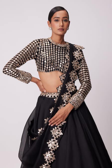 Shop_Vvani By Vani Vats_Black Georgette, Organza Mirrors Round Neck Embroidered Lehenga Set _Online_at_Aza_Fashions
