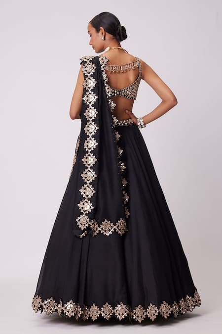 Shop Vvani By Vani Vats Black Georgette, Organza Embroidery, Mirrors Sweetheart Flared Lehenga Set at Aza Fashions Shop_Vvani By Vani Vats_Black Georgette, Organza Embroidery, Mirrors Sweetheart Flared Lehenga Set _at_Aza_Fashions