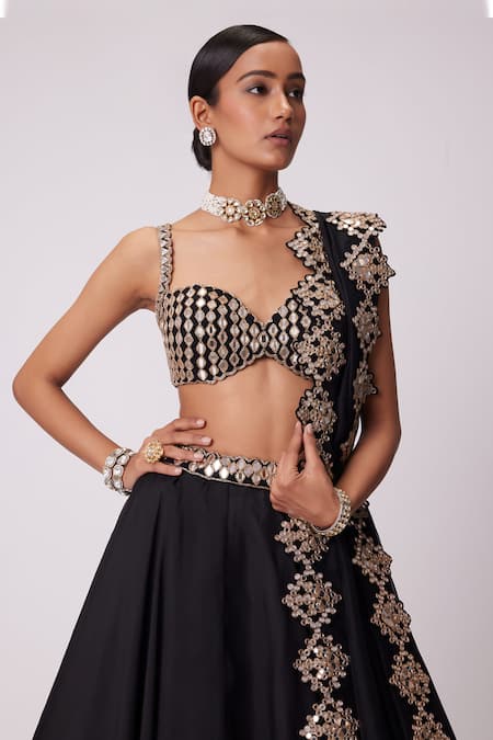 Vvani By Vani Vats Black Georgette, Organza Embroidery, Mirrors Sweetheart Flared Lehenga Set Online at Aza Fashions Vvani By Vani Vats_Black Georgette, Organza Embroidery, Mirrors Sweetheart Flared Lehenga Set _Online_at_Aza_Fashions