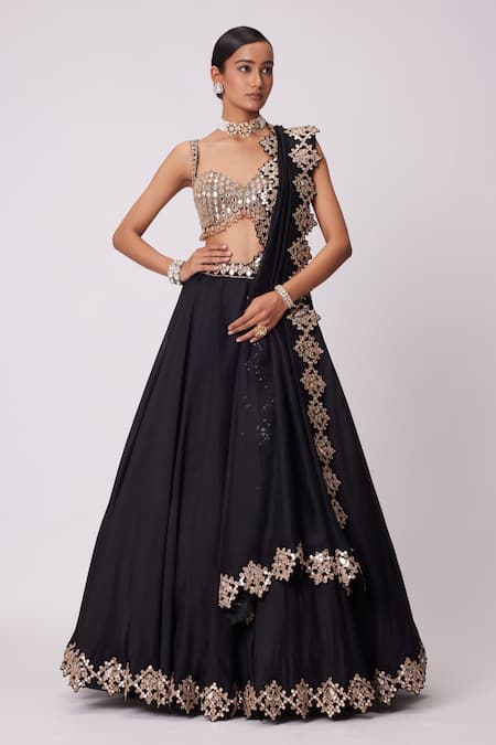 Buy Vvani By Vani Vats Black Georgette, Organza Embroidery, Mirrors Sweetheart Flared Lehenga Set Online at Aza Fashions Buy_Vvani By Vani Vats_Black Georgette, Organza Embroidery, Mirrors Sweetheart Flared Lehenga Set _Online_at_Aza_Fashions