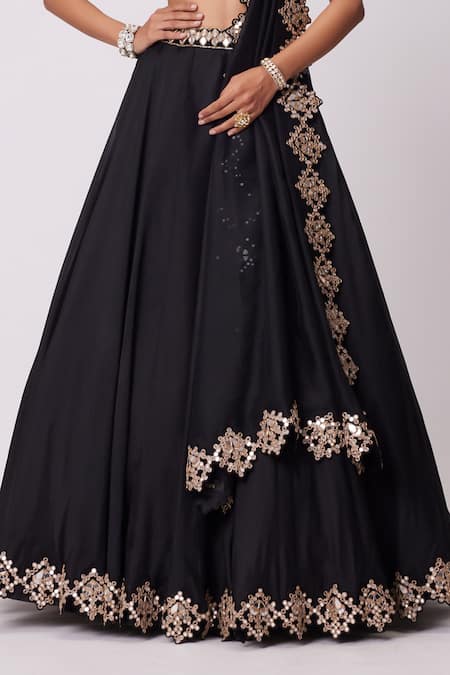 Shop Vvani By Vani Vats Black Georgette, Organza Embroidery, Mirrors Sweetheart Flared Lehenga Set Online at Aza Fashions Shop_Vvani By Vani Vats_Black Georgette, Organza Embroidery, Mirrors Sweetheart Flared Lehenga Set _Online_at_Aza_Fashions