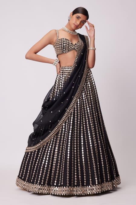 Vvani by Vani Vats Black Lehenga And Dupatta Organza Embroidered Mirror Sweetheart Linear Set 