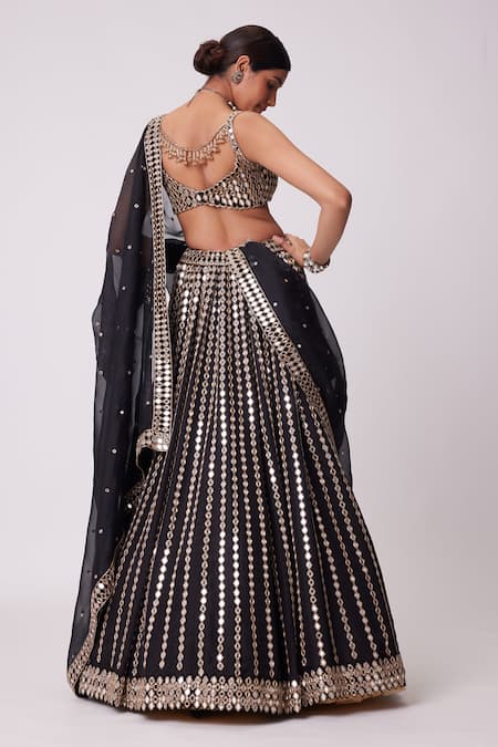 Shop Vvani By Vani Vats Black Organza, Georgette Mirrors Sweetheart Neck Linear Embroidered Lehenga Set at Aza Fashions Shop_Vvani By Vani Vats_Black Organza, Georgette Mirrors Sweetheart Neck Linear Embroidered Lehenga Set _at_Aza_Fashions