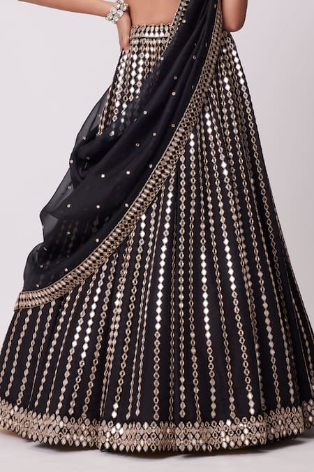 Vvani By Vani Vats Black Organza, Georgette Mirrors Sweetheart Neck Linear Embroidered Lehenga Set Online at Aza Fashions Vvani By Vani Vats_Black Organza, Georgette Mirrors Sweetheart Neck Linear Embroidered Lehenga Set _Online_at_Aza_Fashions