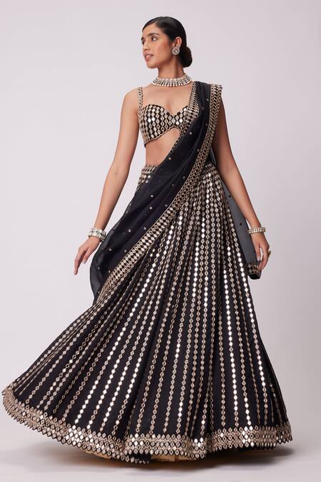Buy Vvani By Vani Vats Black Organza, Georgette Mirrors Sweetheart Neck Linear Embroidered Lehenga Set Online at Aza Fashions Buy_Vvani By Vani Vats_Black Organza, Georgette Mirrors Sweetheart Neck Linear Embroidered Lehenga Set _Online_at_Aza_Fashions