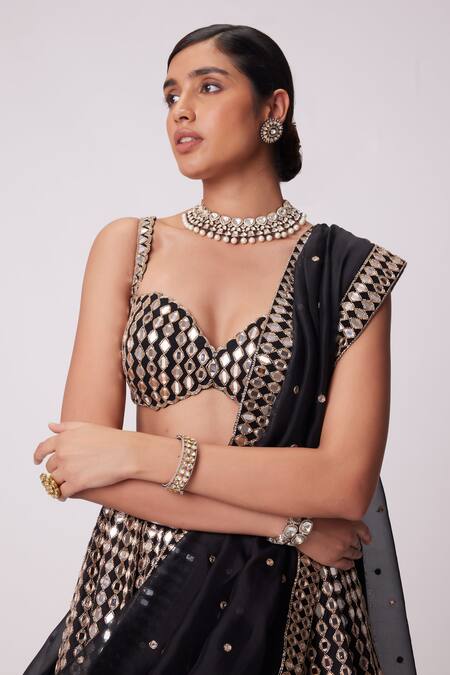Shop Vvani By Vani Vats Black Organza, Georgette Mirrors Sweetheart Neck Linear Embroidered Lehenga Set Online at Aza Fashions Shop_Vvani By Vani Vats_Black Organza, Georgette Mirrors Sweetheart Neck Linear Embroidered Lehenga Set _Online_at_Aza_Fashions