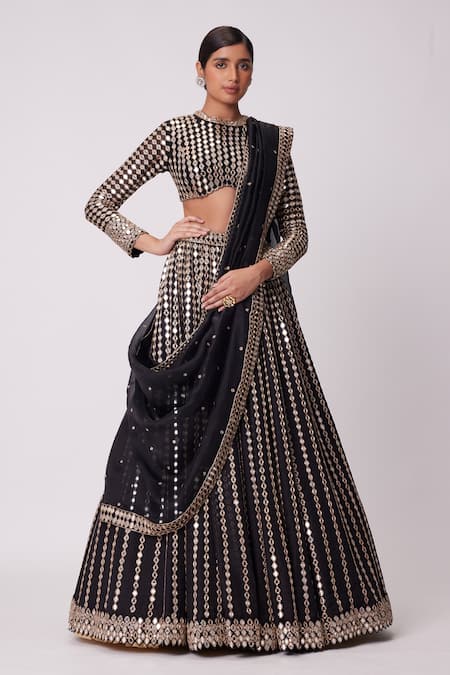 Vvani by Vani Vats Black Lehenga And Dupatta Organza Embroidered Mirror Round Flared Linear Set 