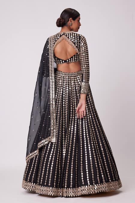 Shop Vvani By Vani Vats Black Georgette, Organza Mirrors Round Flared Linear Embroidered Lehenga Set at Aza Fashions Shop_Vvani By Vani Vats_Black Georgette, Organza Mirrors Round Flared Linear Embroidered Lehenga Set _at_Aza_Fashions