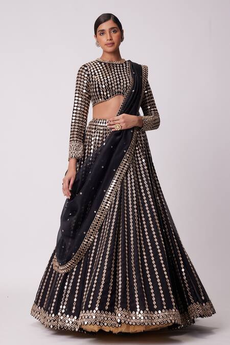 Vvani By Vani Vats Black Georgette, Organza Mirrors Round Flared Linear Embroidered Lehenga Set Online at Aza Fashions Vvani By Vani Vats_Black Georgette, Organza Mirrors Round Flared Linear Embroidered Lehenga Set _Online_at_Aza_Fashions