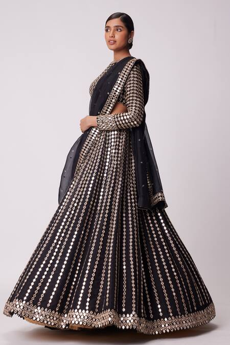 Buy Vvani By Vani Vats Black Georgette, Organza Mirrors Round Flared Linear Embroidered Lehenga Set Online at Aza Fashions Buy_Vvani By Vani Vats_Black Georgette, Organza Mirrors Round Flared Linear Embroidered Lehenga Set _Online_at_Aza_Fashions