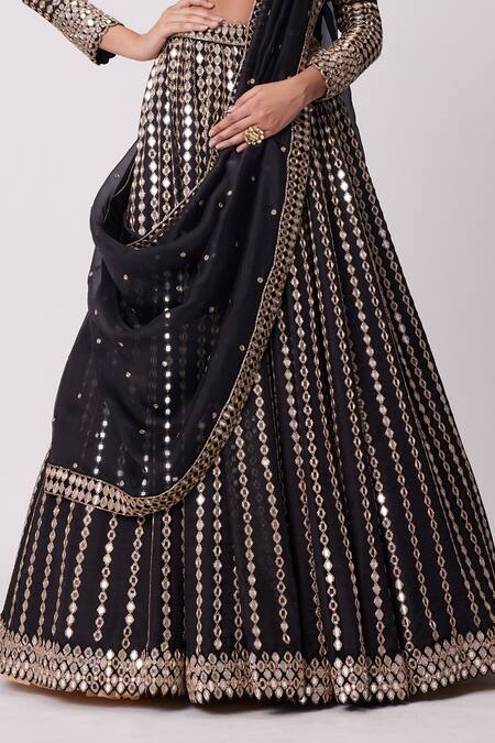 Shop Vvani By Vani Vats Black Georgette, Organza Mirrors Round Flared Linear Embroidered Lehenga Set Online at Aza Fashions Shop_Vvani By Vani Vats_Black Georgette, Organza Mirrors Round Flared Linear Embroidered Lehenga Set _Online_at_Aza_Fashions