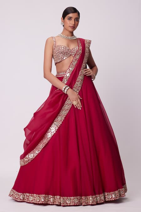 Vvani by Vani Vats Red Lehenga And Dupatta Organza Embroidered Mirror Sweetheart Flared Work Set 