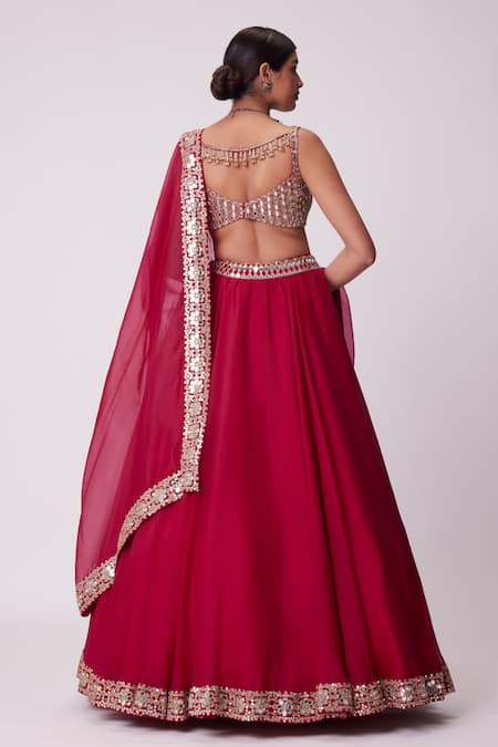 Shop Vvani By Vani Vats Red Georgette, Organza Mirrors Sweetheart Neck Flared Work Lehenga Set at Aza Fashions Shop_Vvani By Vani Vats_Red Georgette, Organza Mirrors Sweetheart Neck Flared Work Lehenga Set _at_Aza_Fashions