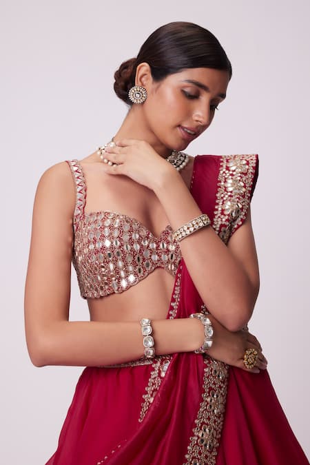 Vvani By Vani Vats Red Georgette, Organza Mirrors Sweetheart Neck Flared Work Lehenga Set Online at Aza Fashions Vvani By Vani Vats_Red Georgette, Organza Mirrors Sweetheart Neck Flared Work Lehenga Set _Online_at_Aza_Fashions