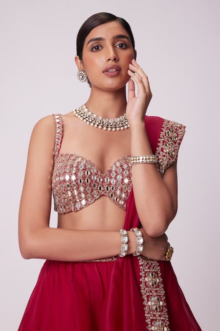 Buy Vvani By Vani Vats Red Georgette, Organza Mirrors Sweetheart Neck Flared Work Lehenga Set Online at Aza Fashions Buy_Vvani By Vani Vats_Red Georgette, Organza Mirrors Sweetheart Neck Flared Work Lehenga Set _Online_at_Aza_Fashions