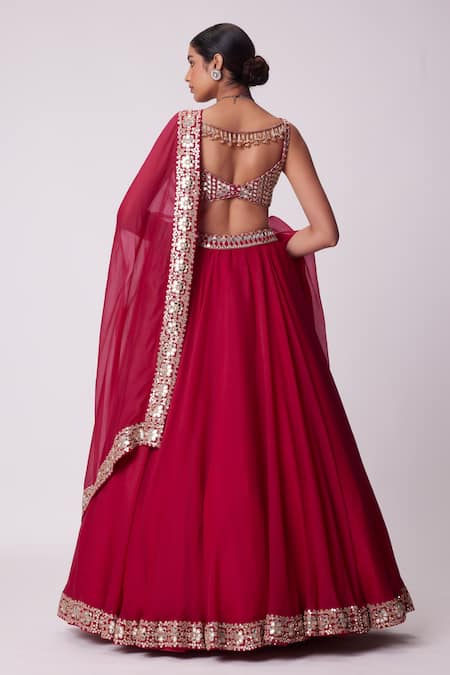 Shop_Vvani By Vani Vats_Red Georgette, Organza Mirrors Sweetheart Neck Work Flared Lehenga Set _at_Aza_Fashions