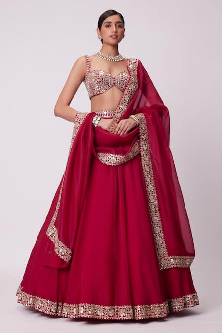 Vvani By Vani Vats_Red Georgette, Organza Mirrors Sweetheart Neck Work Flared Lehenga Set _Online_at_Aza_Fashions